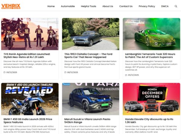 Vehrix.com – Premium Automobile Updates Website | Unique Content & Design | Analytics + Search Console Included